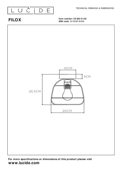 Lucide FILOX - Lámpara de techo - Ø 20 cm - 1xE27 - Negro - técnico